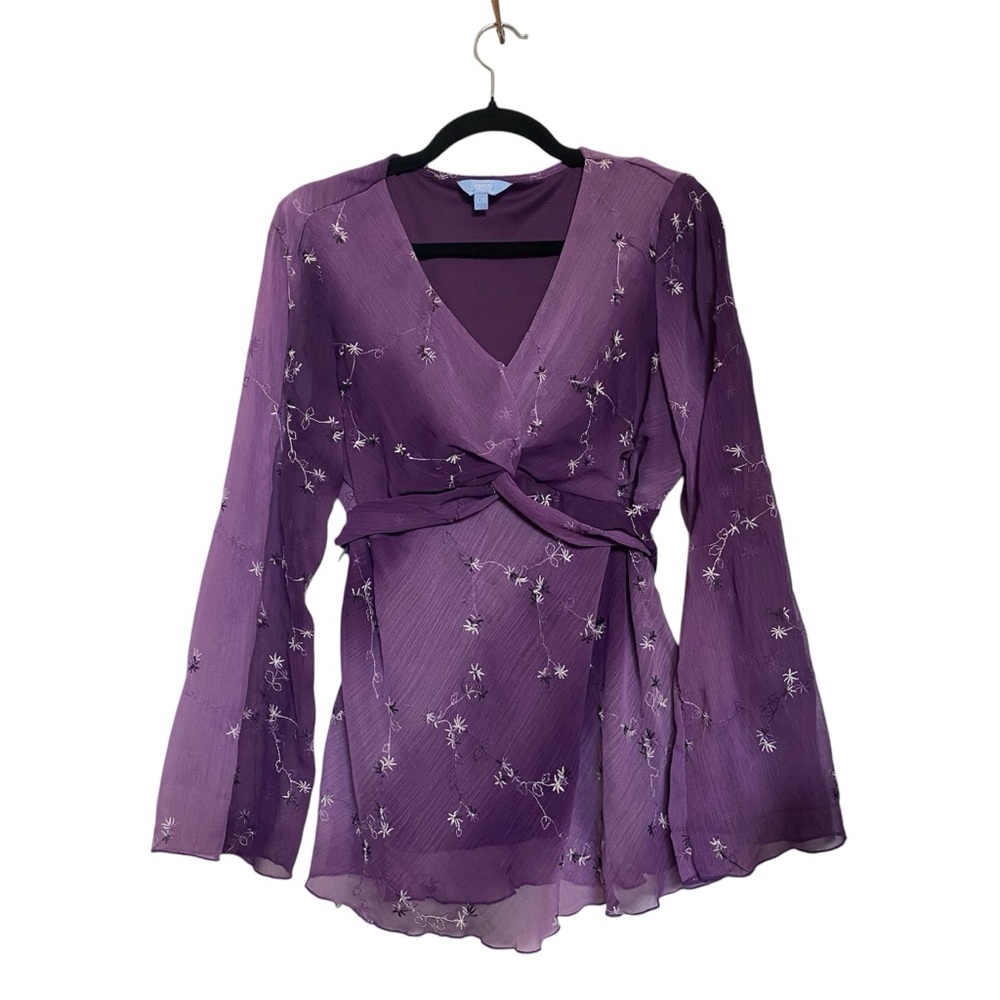 Purple Floral Whimsical Tie-in-back Blouse